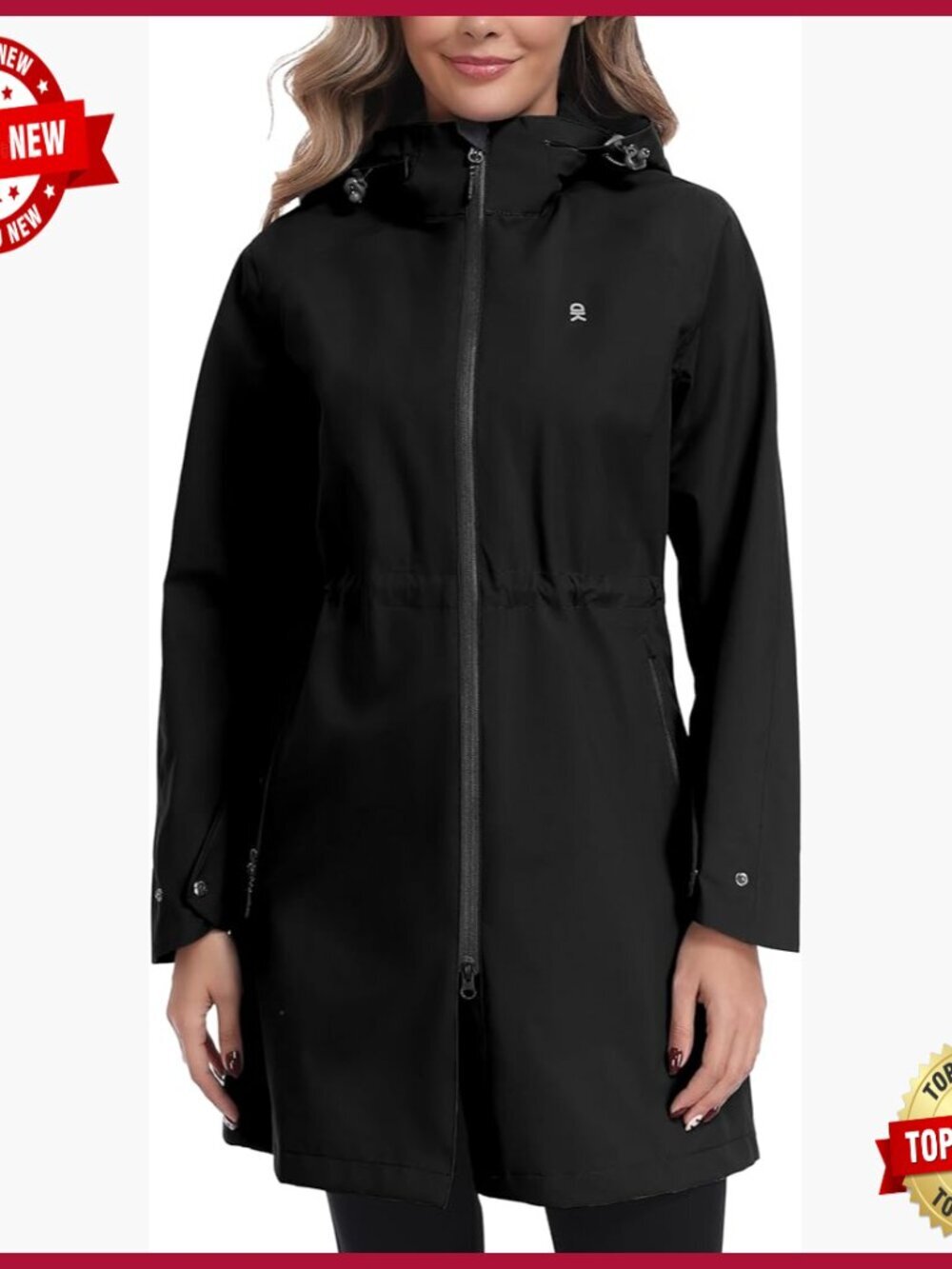 Waterproof Hooded Rain Jacket Mid Length Outdoor Coat Slim Fit